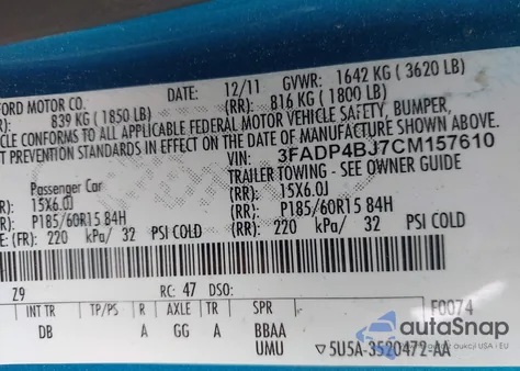 2012 Ford Fiesta Se z USA, uszkodzony, nr VIN 3FADP4BJ7CM157610